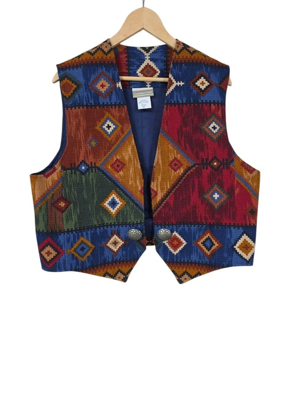 Coldwater Creek Vintage Cotton Aztec Western Southwestern Patterned Vest Concho